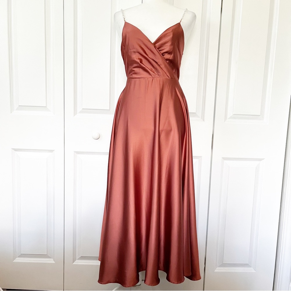 SHEIN burnt orange cross-surplice neckline pearl sleeve prom party midi dress